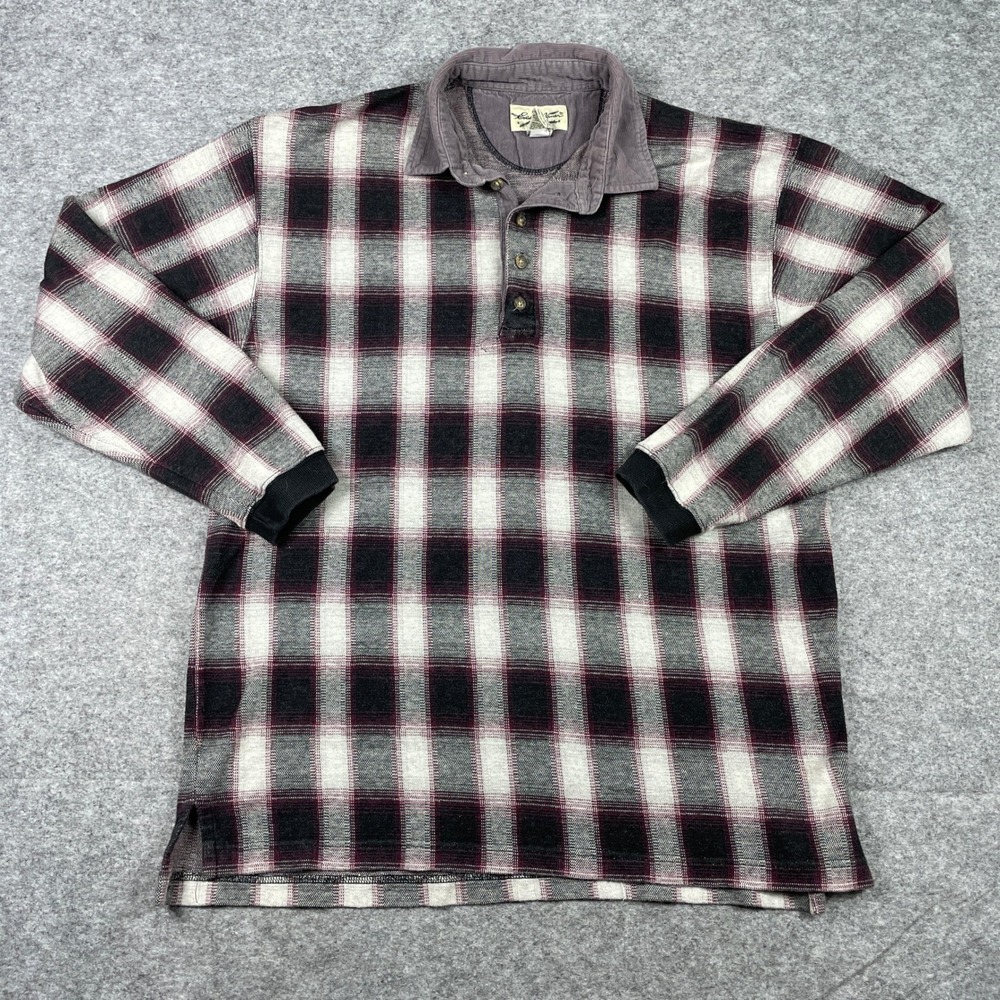 Vintage Eddie Bauer Polo Shirt Mens L Black Plaid Corduroy Collar Long Sleeve